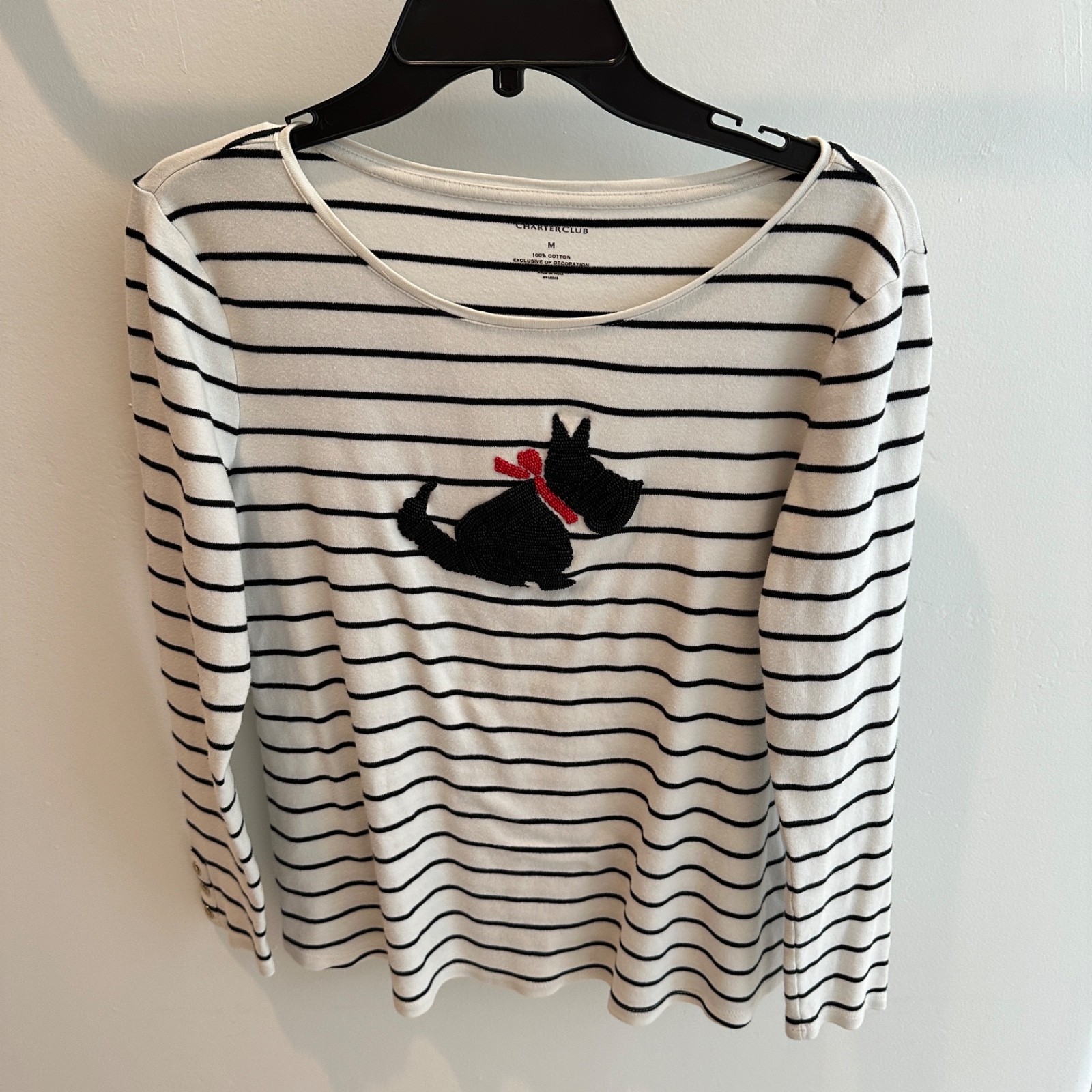 Charter Club White Striped Scotty Dog Beaded Top Long Sleeve M