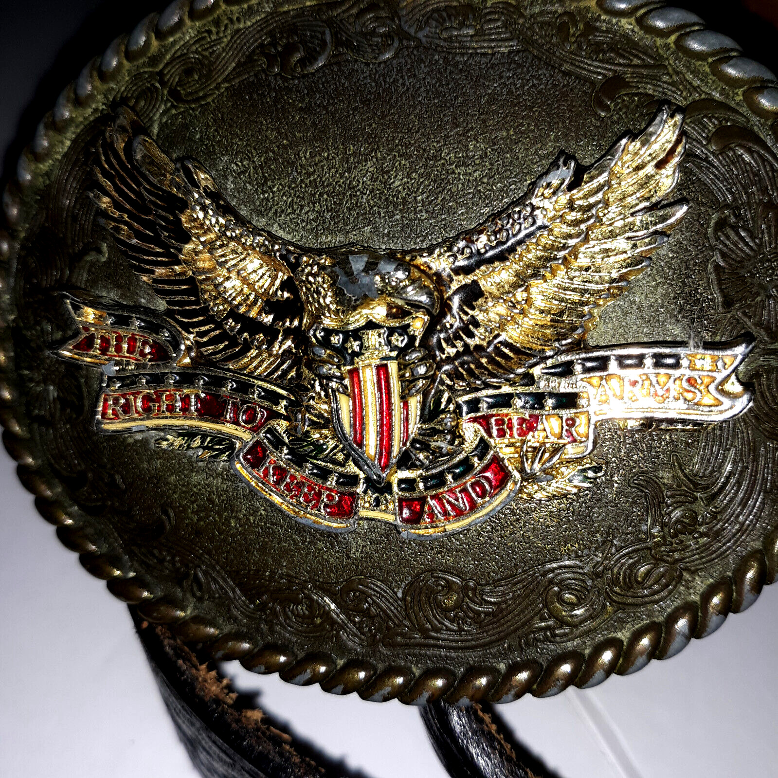 VTG DunDee Tooled Leather Zip $$ Belt 80sRainTree Buckle Eagle “Bare Arms”Sz 38
