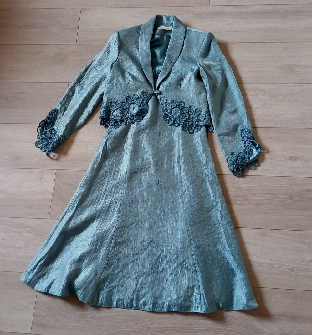Gina Bacconi Duck Egg Dress & Jacket Faux Silk Embellished Wedding Occasion UK8
