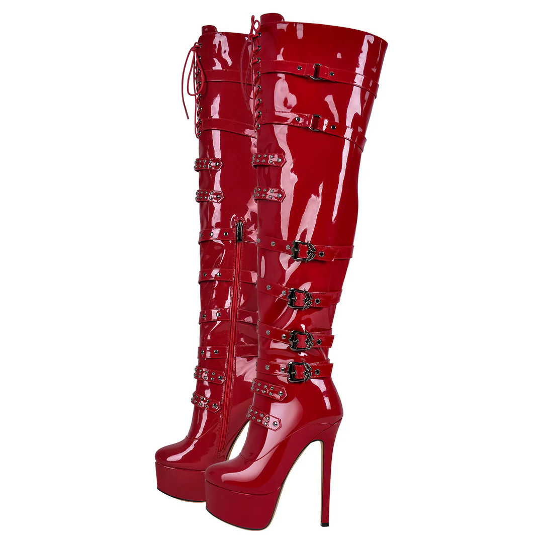 Super sexy women‘s platform high heel over knee boots with zipper and lace-up