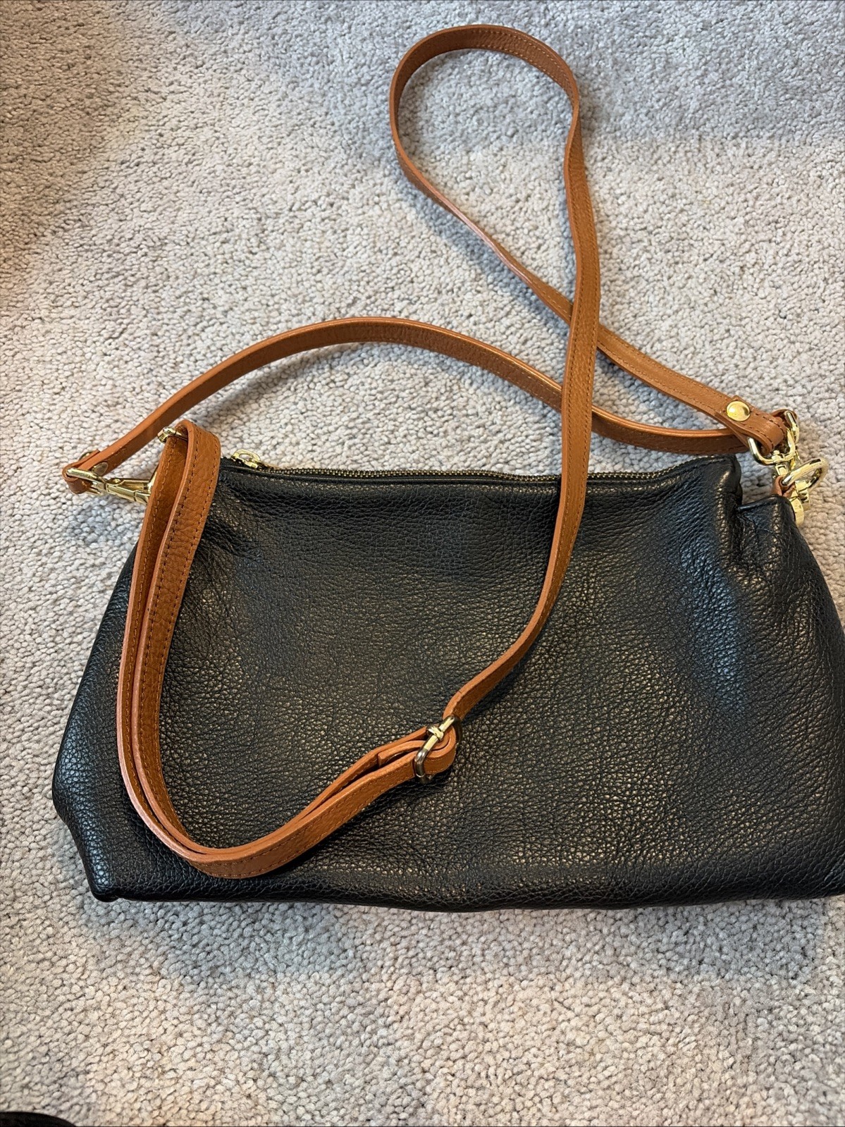 Valentina Italy Genuine Pebbled Leather Triple Compartment Crossbody Purse Black