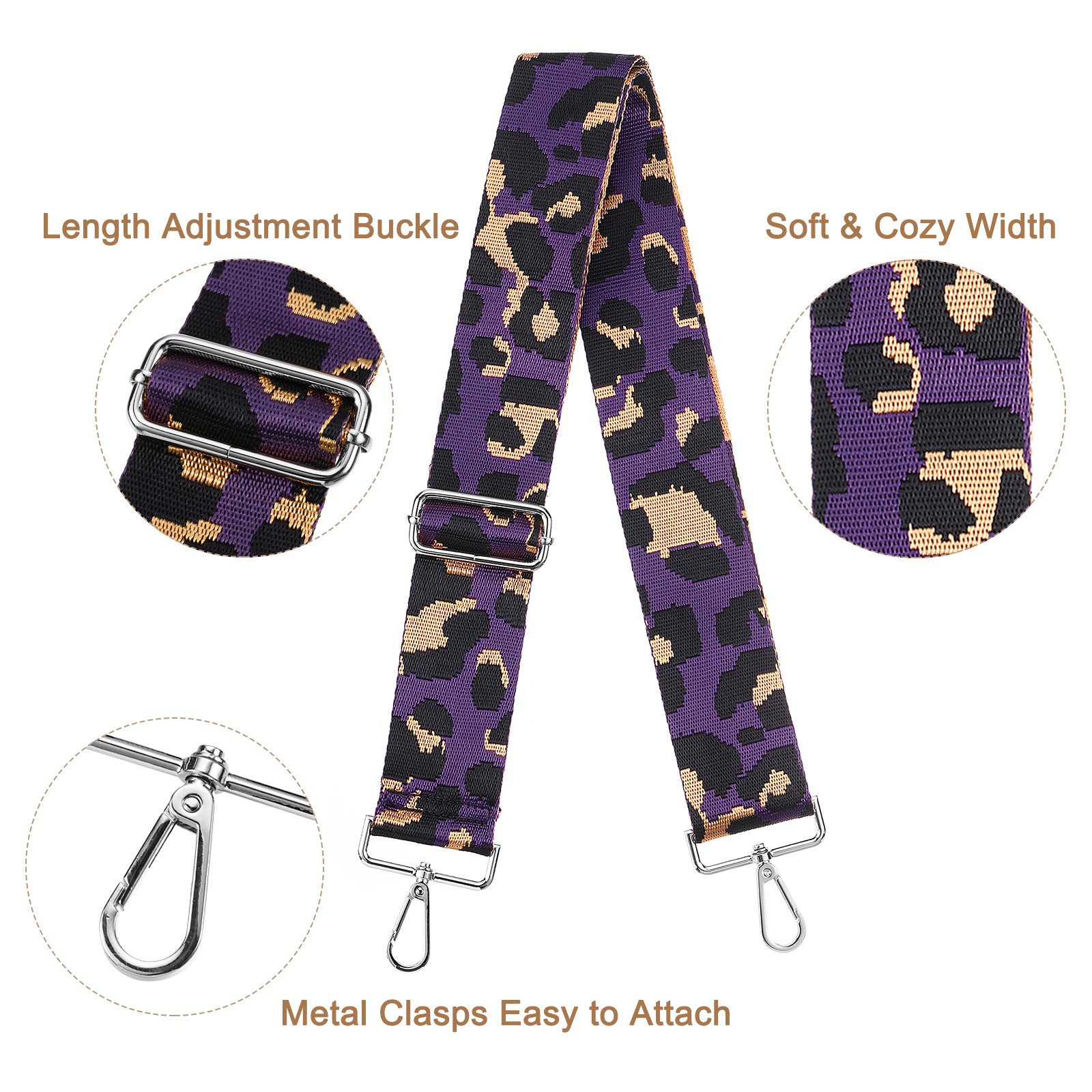 Purse Strap Replacement Leopard Crossbody Shoulder Strap Purple Silver Buckle