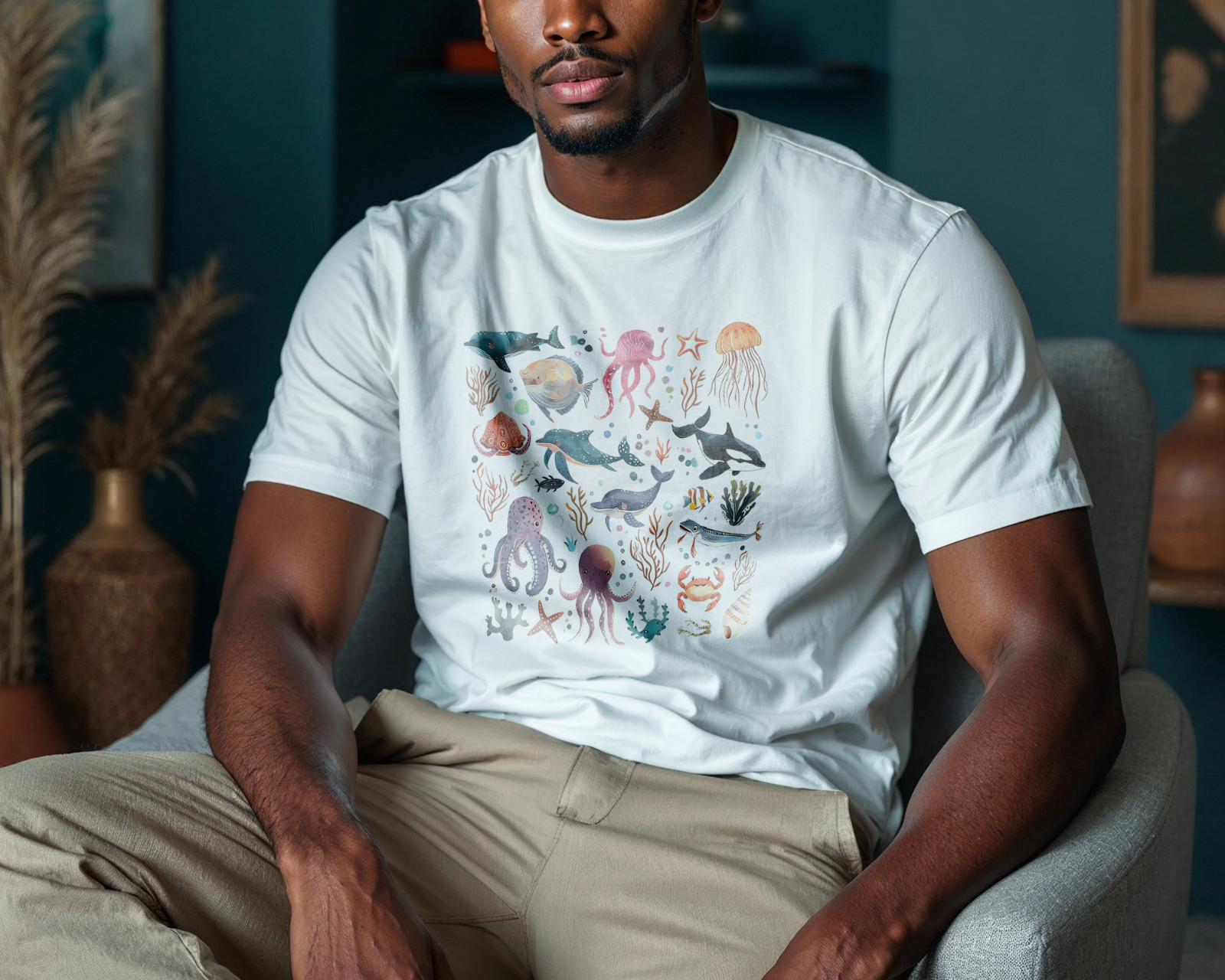 Ocean Animals Graphic T-Shirt Sea Life Illustration Tee Marine Creatures A63