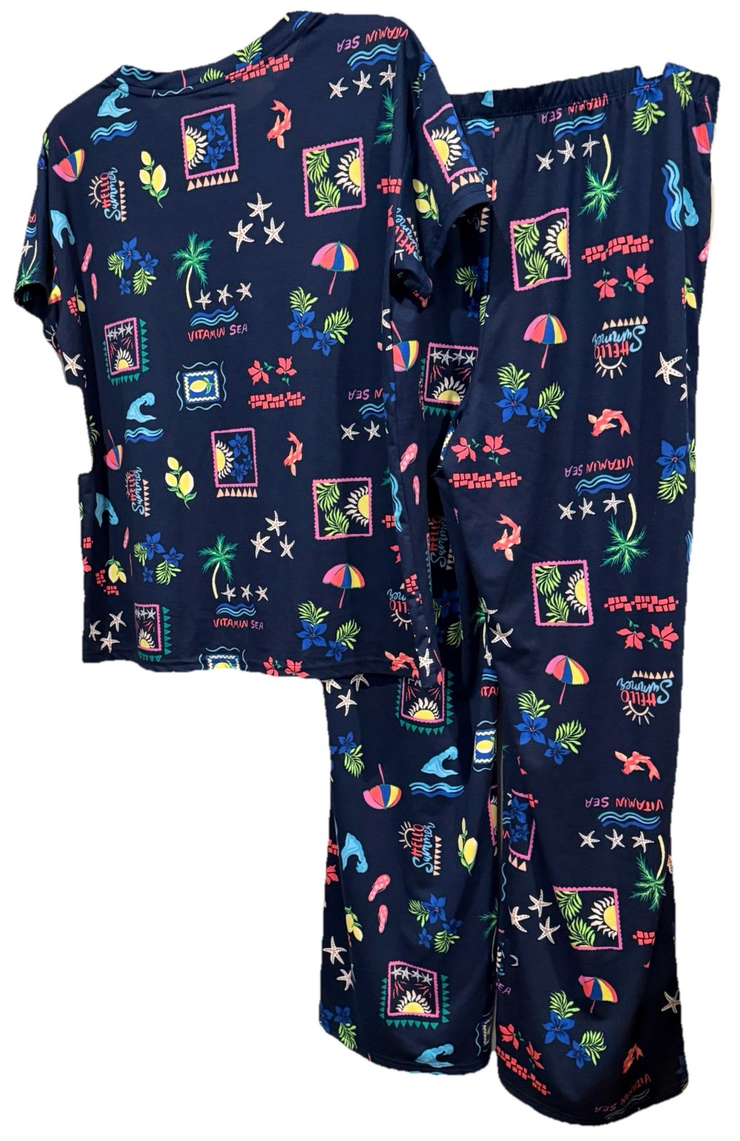 NWT Joyspun Dreamy Soft Pajama Set Medium Tropical Blue Pockets Loungewear