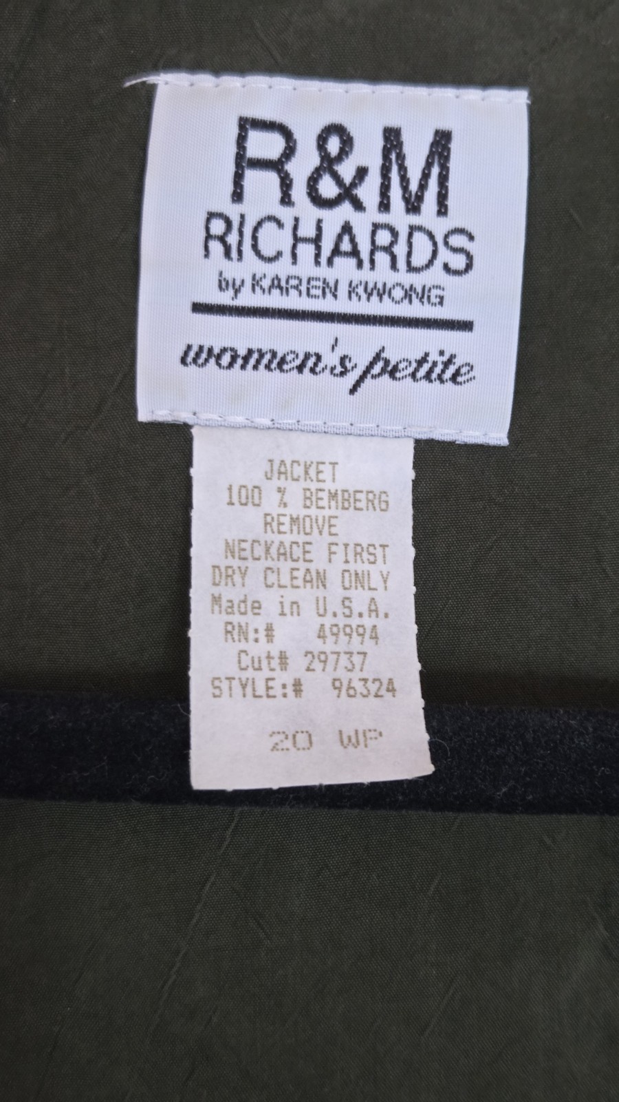 Vtg R&M Richards Karen Kwong 20WP Olive Open Front Jacket 100% Bemberg Cupro