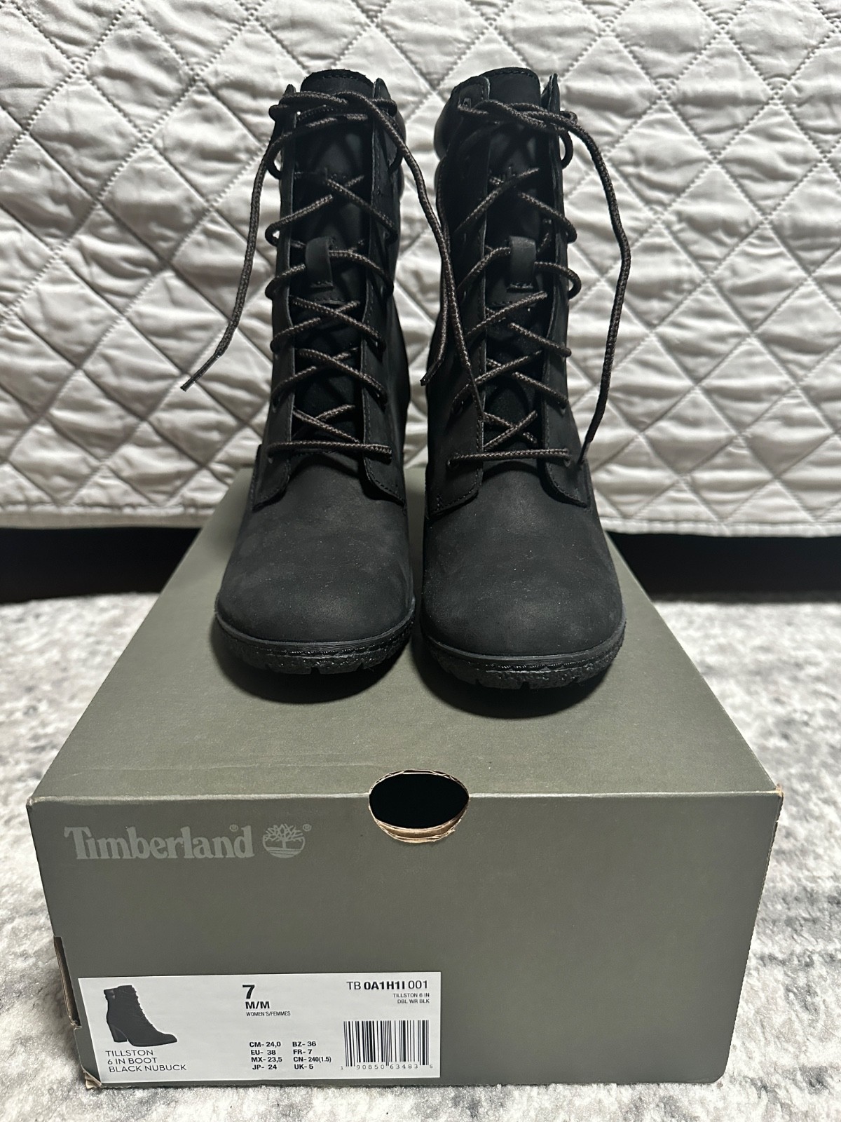 Timberland Tillston 6-Inch Black Nubuck Heeled Boots — Women’s Size 7 M