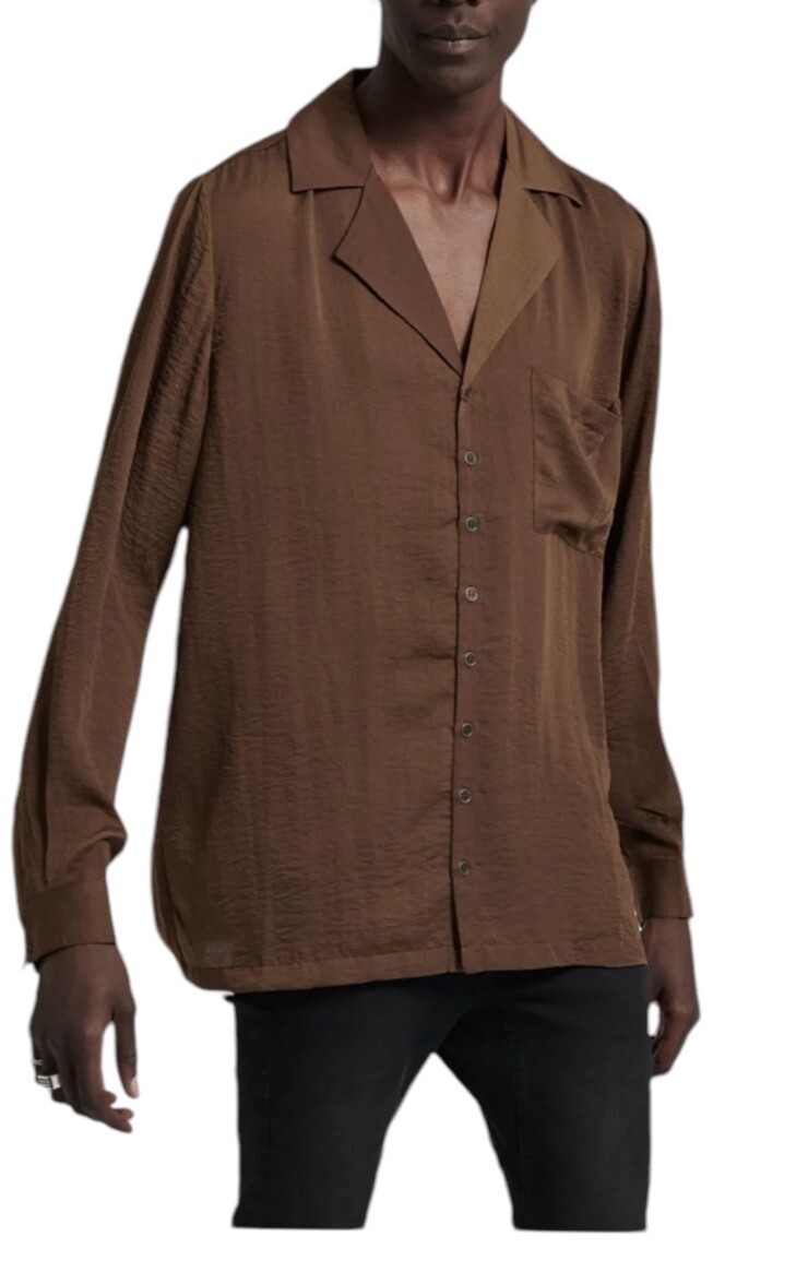 One Teaspoon Men’s Faux Silk Shirt Button Front Bronze Brown Size XL