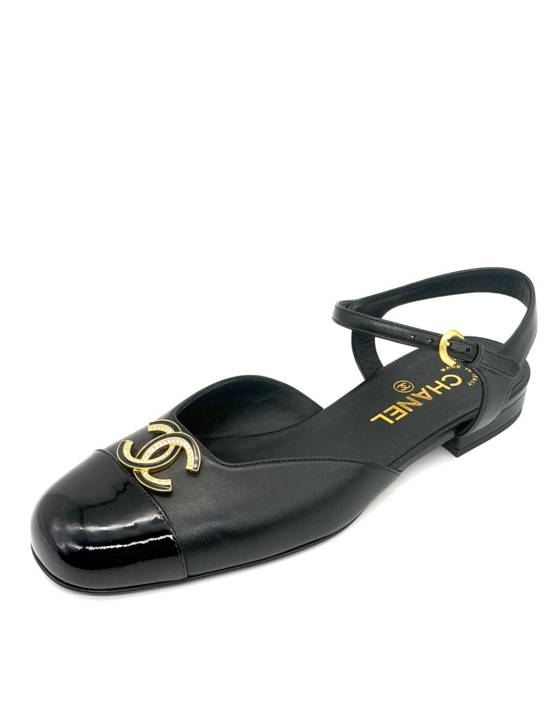 CHANEL 25P Leather Crystal CC Slingback Ballerina Flat Sandals Shoes Black