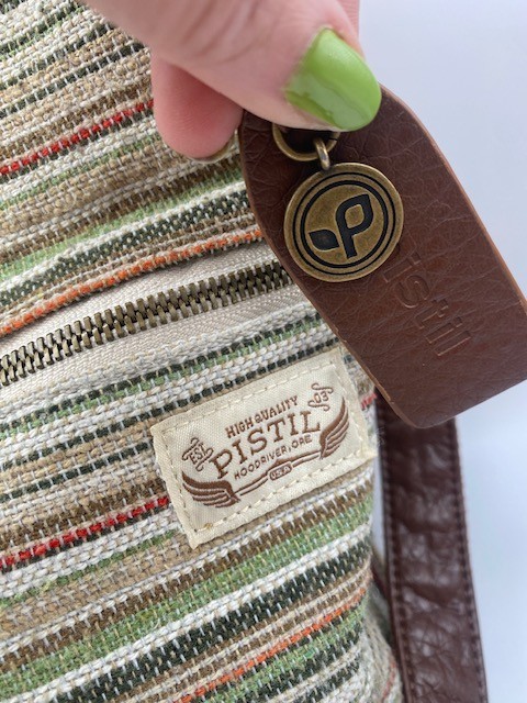 Pistil Woven Stripe Crossbody Bag Brown Faux Leather Trim Adjustable Strap Boho