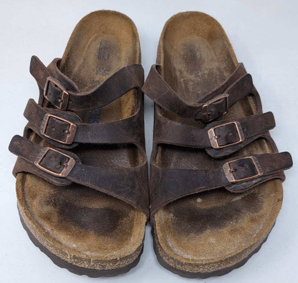 Women’s BIRKENSTOCK Florida Brown Oiled Leather 3 Strap Slide Sandals Size 36 /5