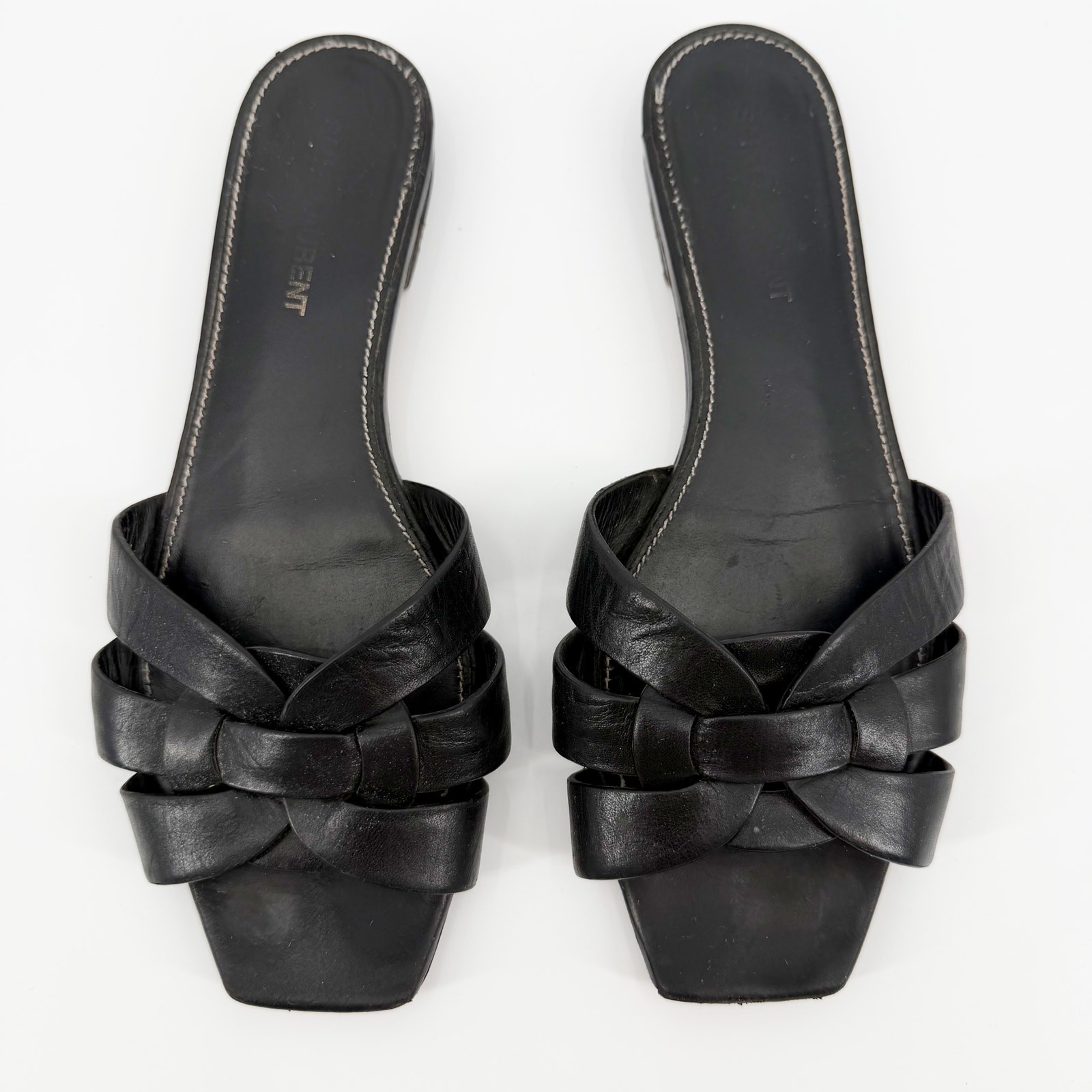 Saint Laurent Tribute Flat Woven Leather Sandals Black Slides Mules 37.5 US 7