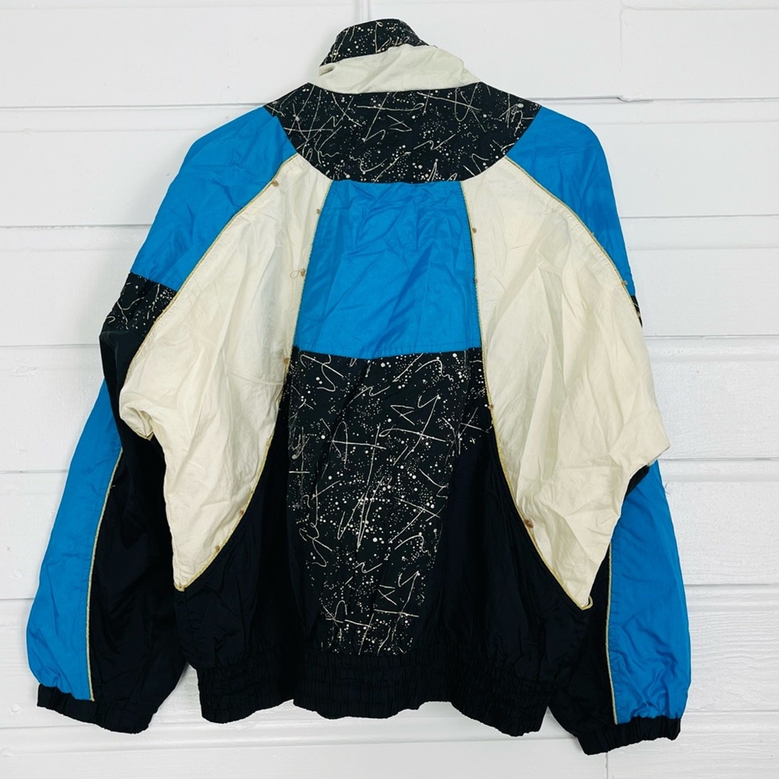Vintage 90s Windbreaker Jacket Wacky Abstract Electric Blue Gold Black Splatter