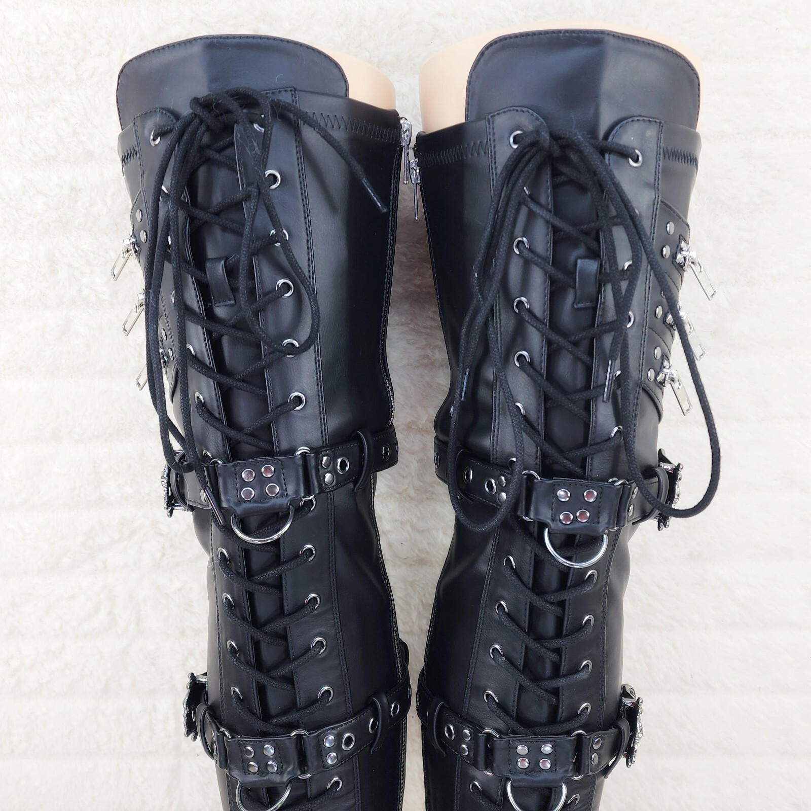 Shaker 420 Black sTRETCH 4.5″ Wedge Heel OTK Thigh Boots Skulls Zippers NY DEMON