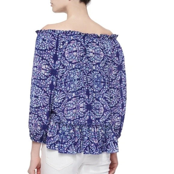 Rebecca Taylor Indigo Combo Floral Paisley Silk Off the Shoulder Blouse Sz 2 B18