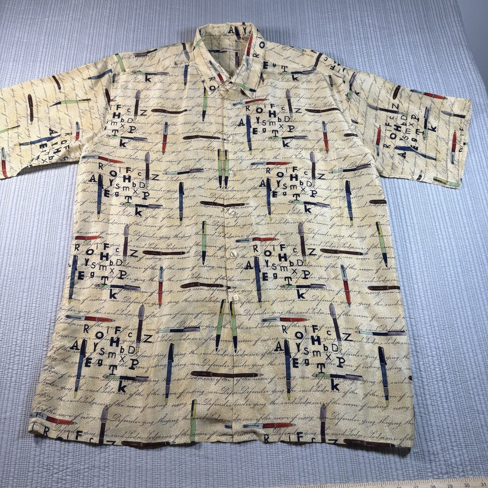 Burma Bibas Shirt Mens L 100% Silk Multicolor Academic Pens School Art Teacher