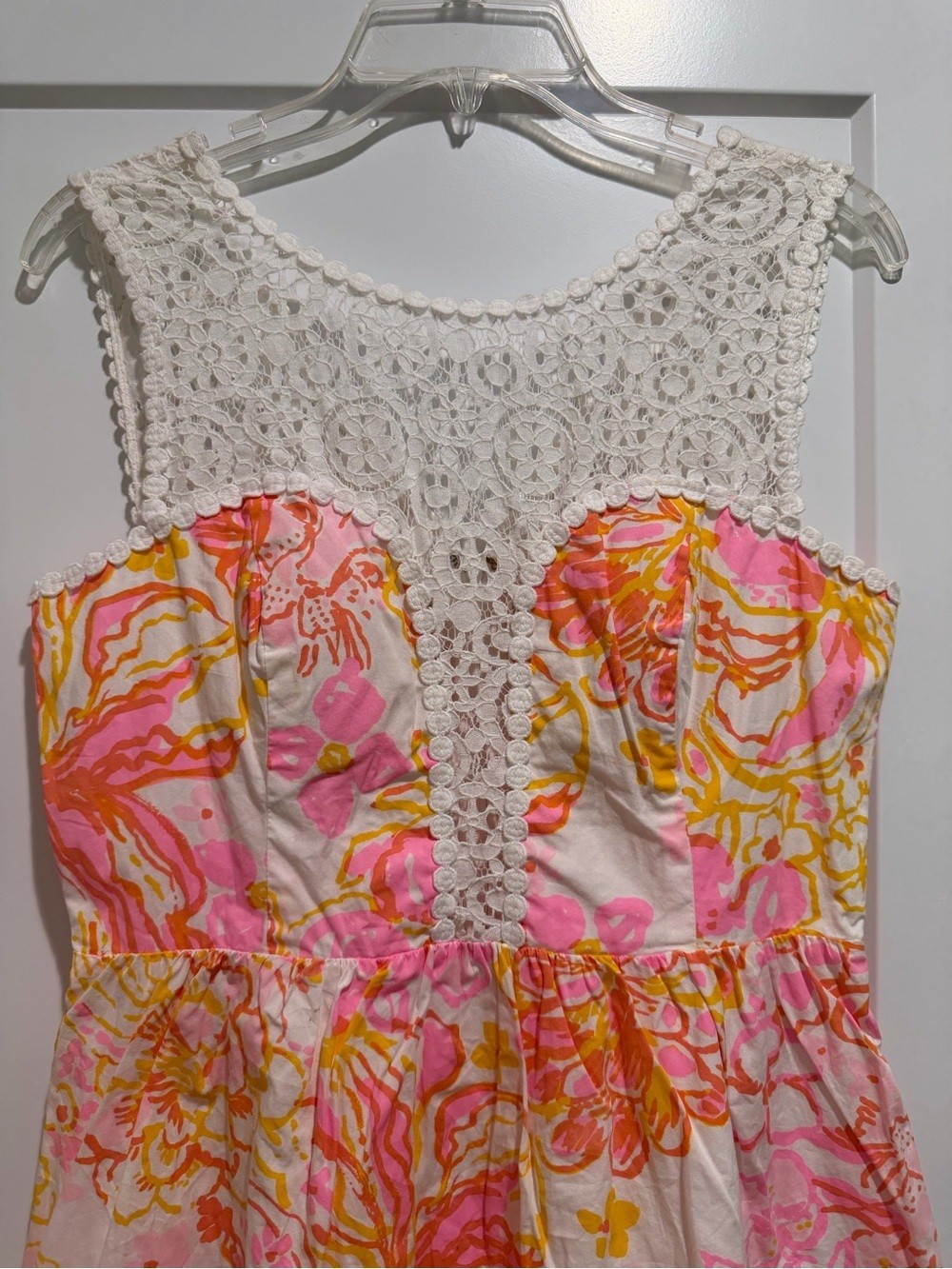 Lilly Pulitzer White Crochet Yoke Pink & Yellow Floral Mini Dress size 8