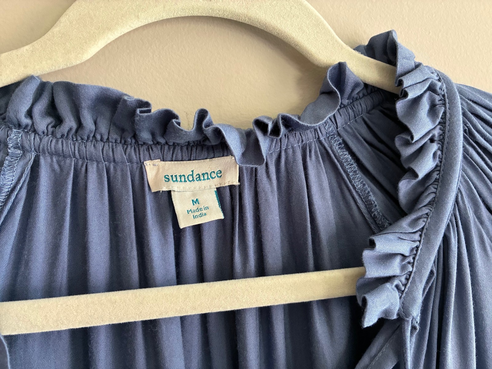 Womens Sundance Blue Tunic Blouse Ruffled V-Neck Flutter Sleeves Sz Med