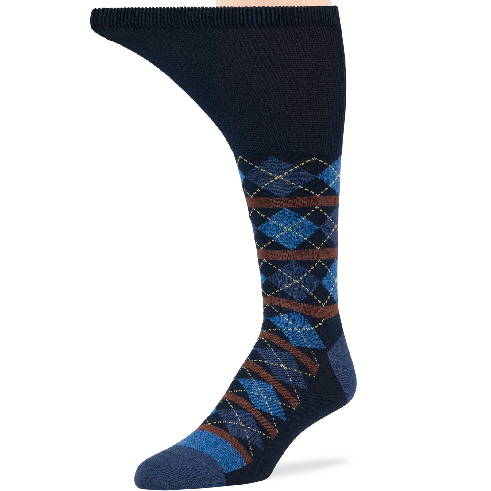 Men Diabetic Cotton Mid-Calf Socks 5 Pack Large Argyle Stripe Dark Navy Denim