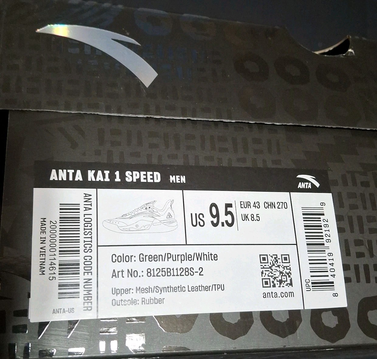 Anta Model 8125B1128S-2 Kai 1 Speed Men’s 9.5, Green/Purple/White