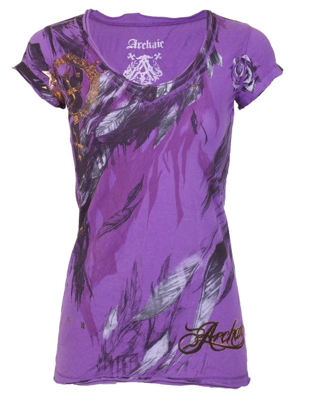Archaic AFFLICTION Women’s T-Shirt SECOND LOVE Feathers PURPLE Tattoo Biker $40