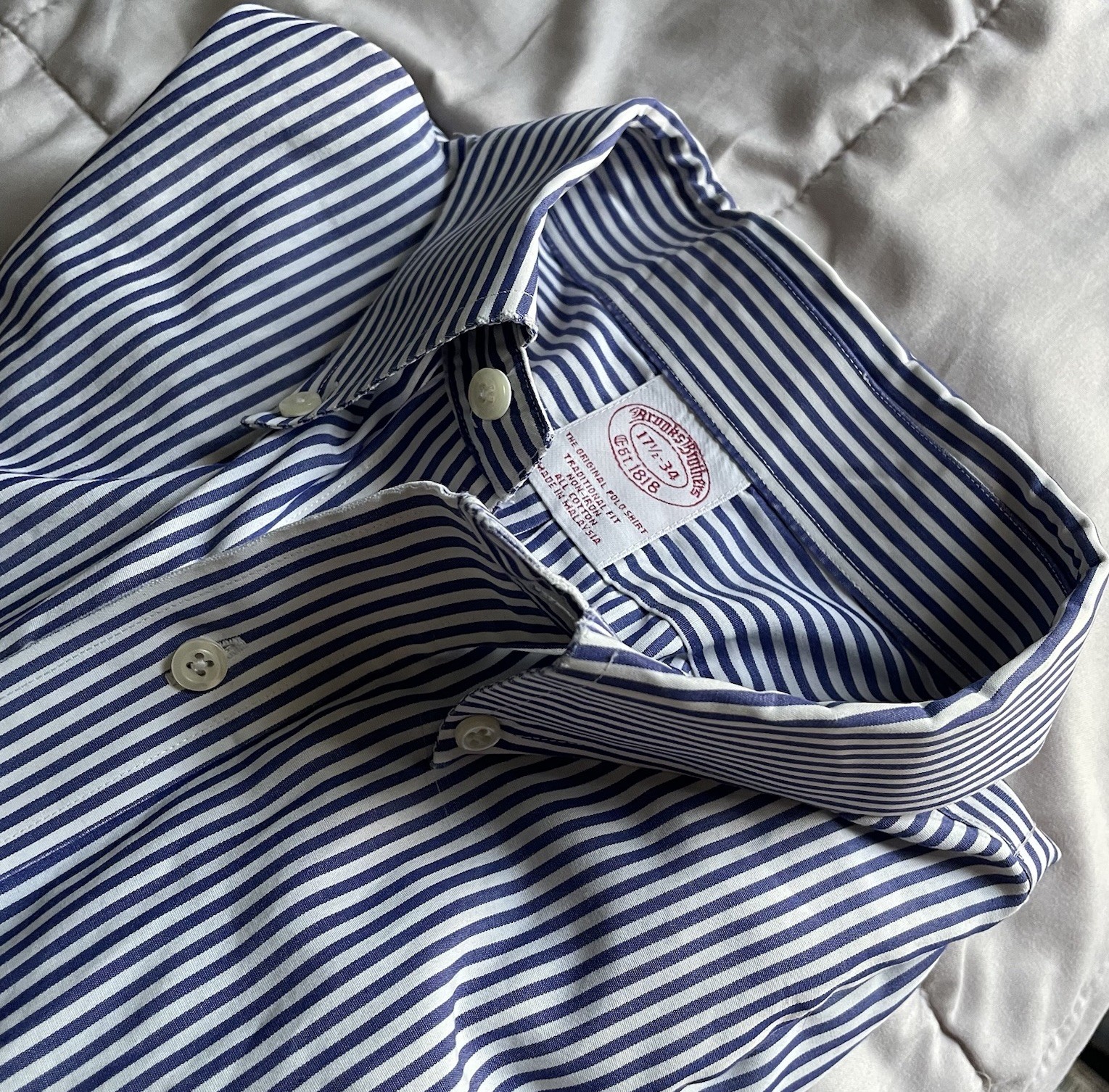 Brooks Brothers Men’s Blue/White Striped Oxford Shirt Preppy Cotton Polo 17.5 34