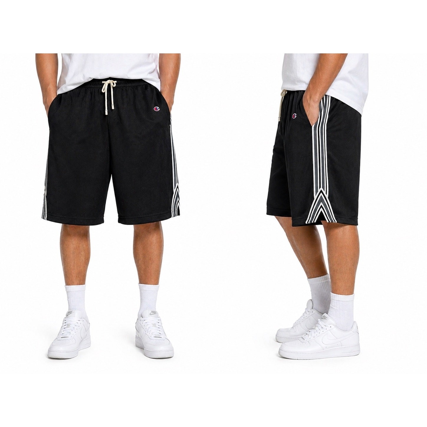 Champion Men’s Mesh Shorts Large Black Stripe Drawstring Athletic Basketball NWT