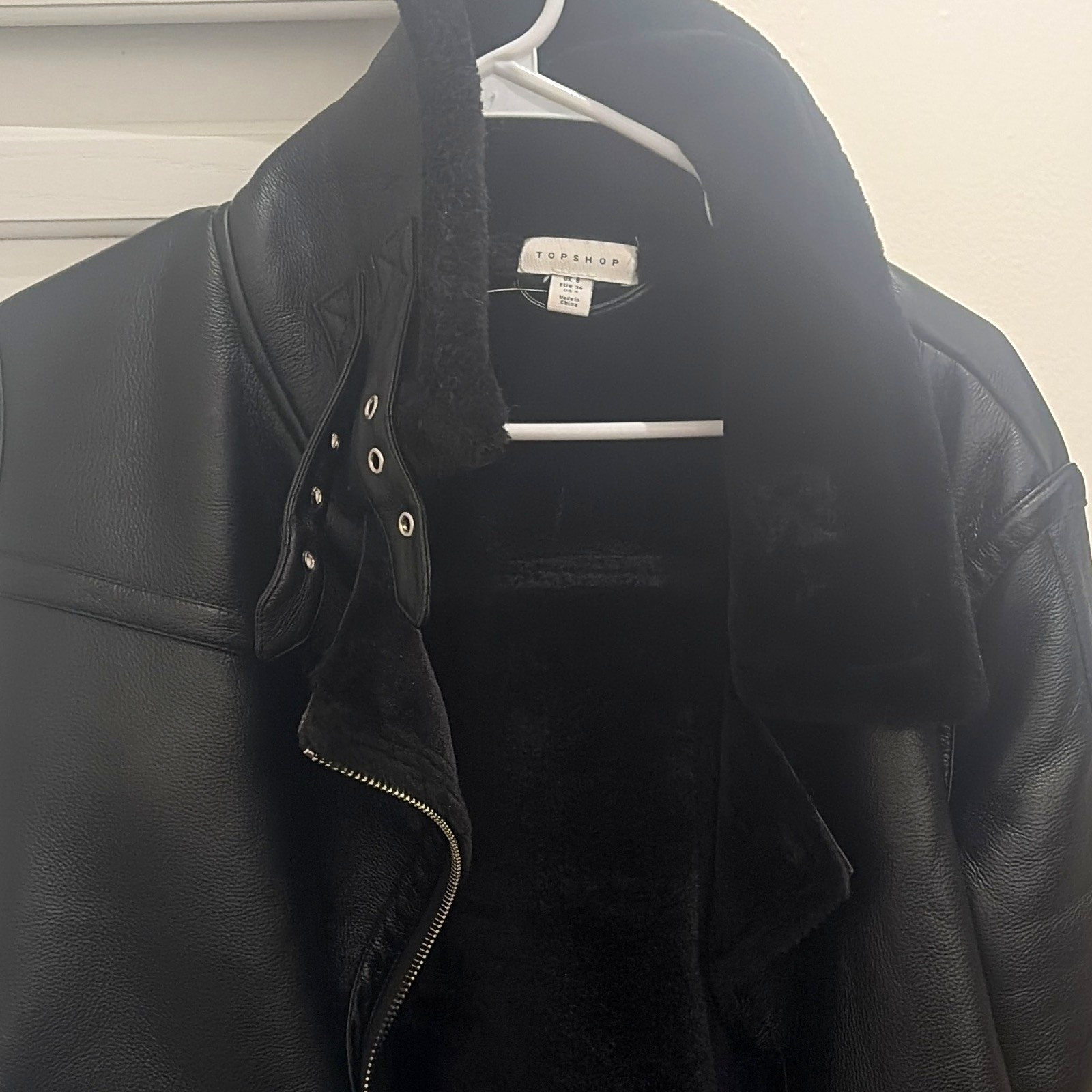 Topshop Black Faux Leather Lined Moto Biker Jacket Buckle Zip Women’s US 4