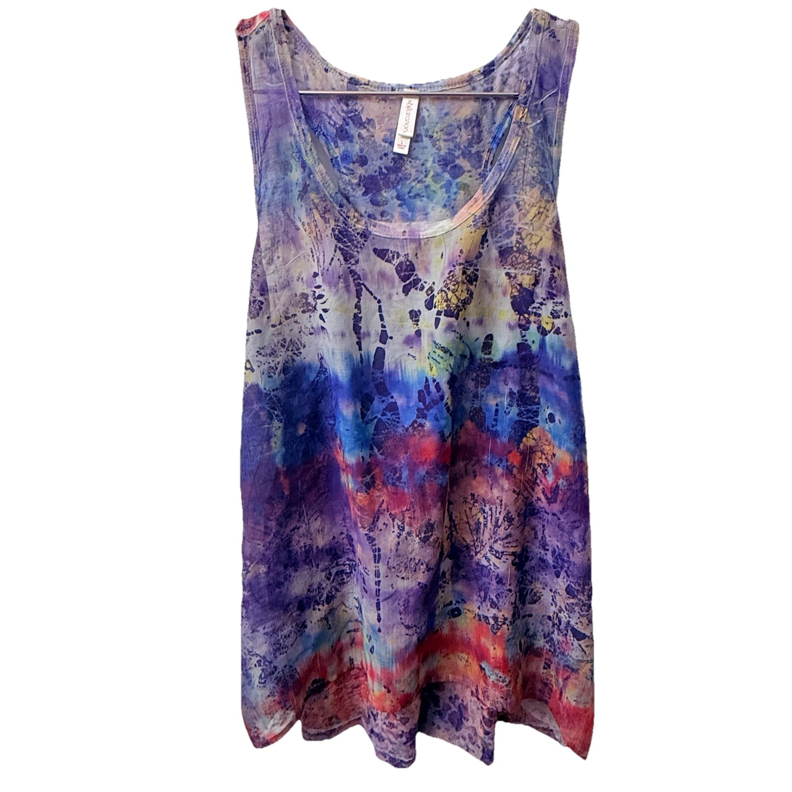 XHILARATION RACERBACK SEMI-SHEER ARTSY TANK TOP, L, CHEST 38, LENGTH 25