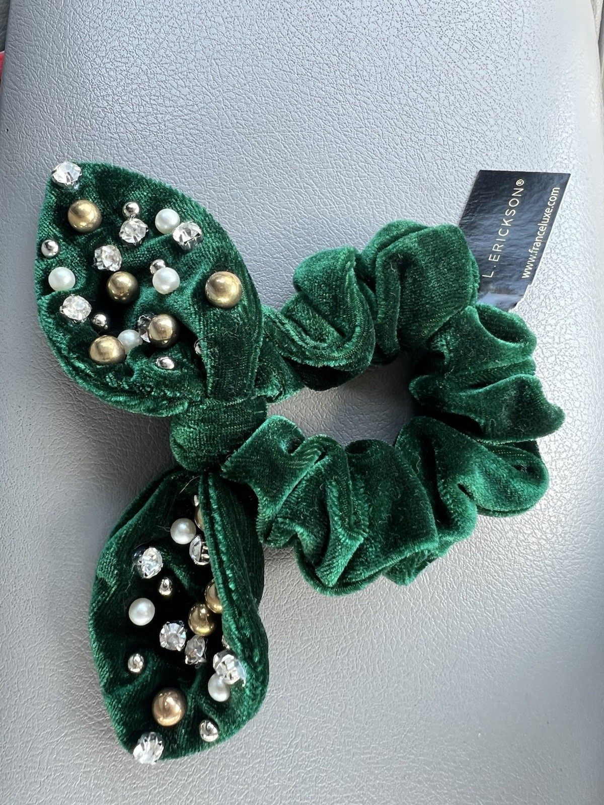 L. Erickson Green Velvet Bow Scrunchie Rhinestone Pearl Hair Tie NWT