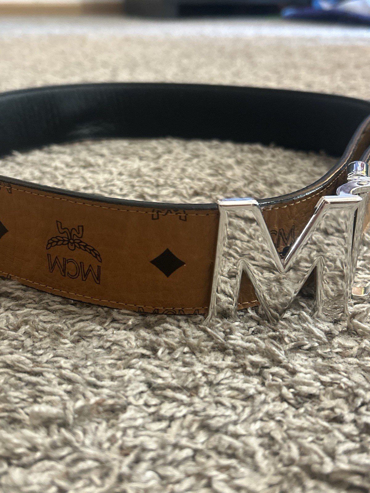 MCM Men’s Reversible Logo Belt Black/Brown Silver-Tone M Buckle 1.5″ *REAL*