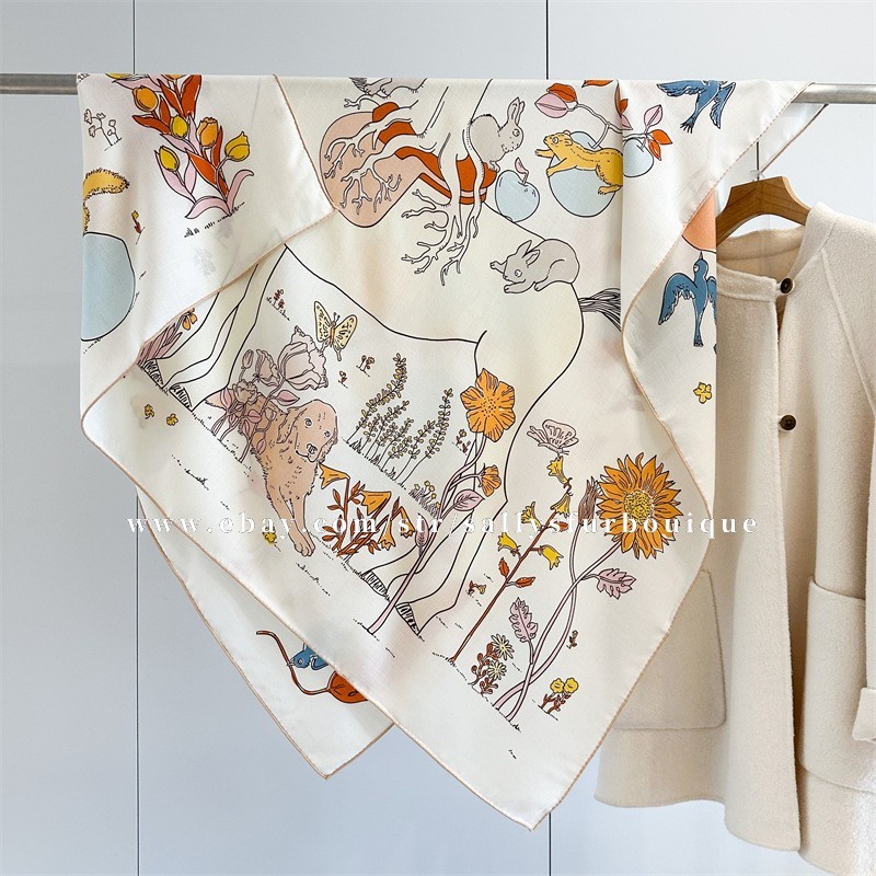 Sallys 70% Cashmere 30% Silk Wrap Scarf Apple Trees Print 2 Face Shawl 53″ Cream