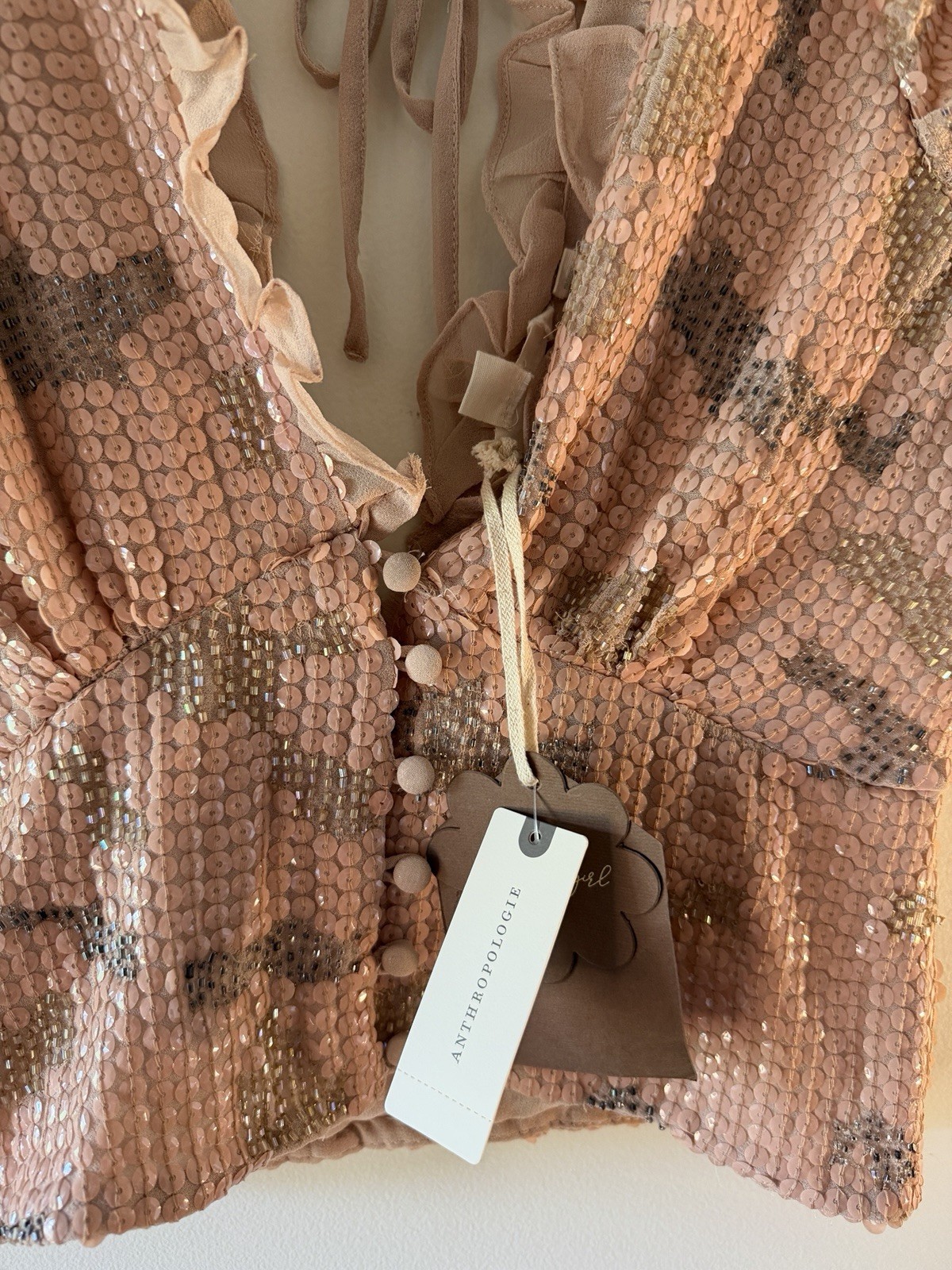 NWT Anthropologie Forever That Girl Sequin Ruffle Crop Top Pink XS $160