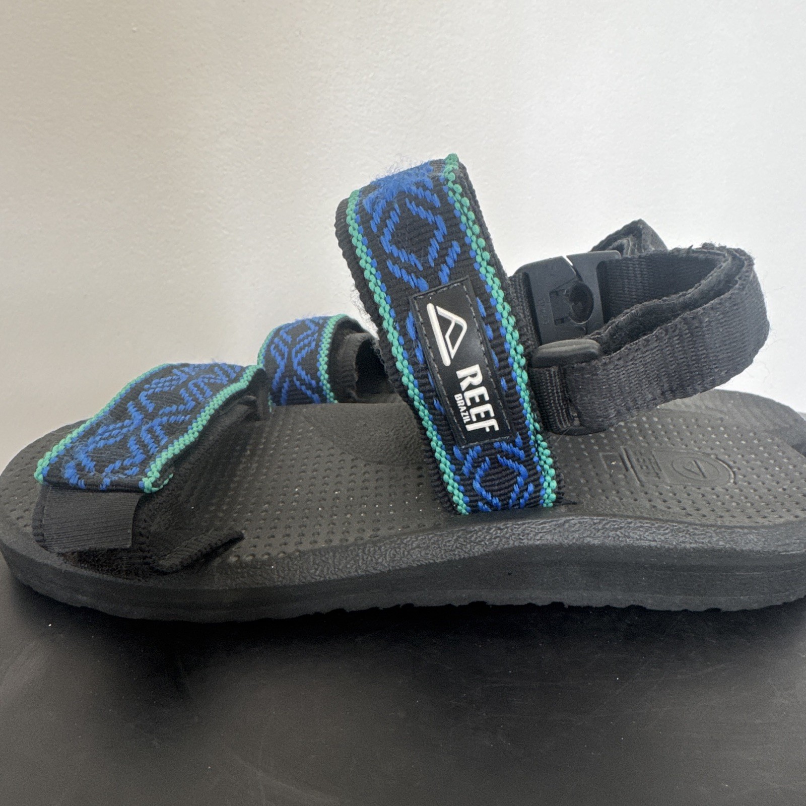 Reef Unisex Slide Sandals Hook & Loop Adjustable Geometric Black/Blue/Green 8W