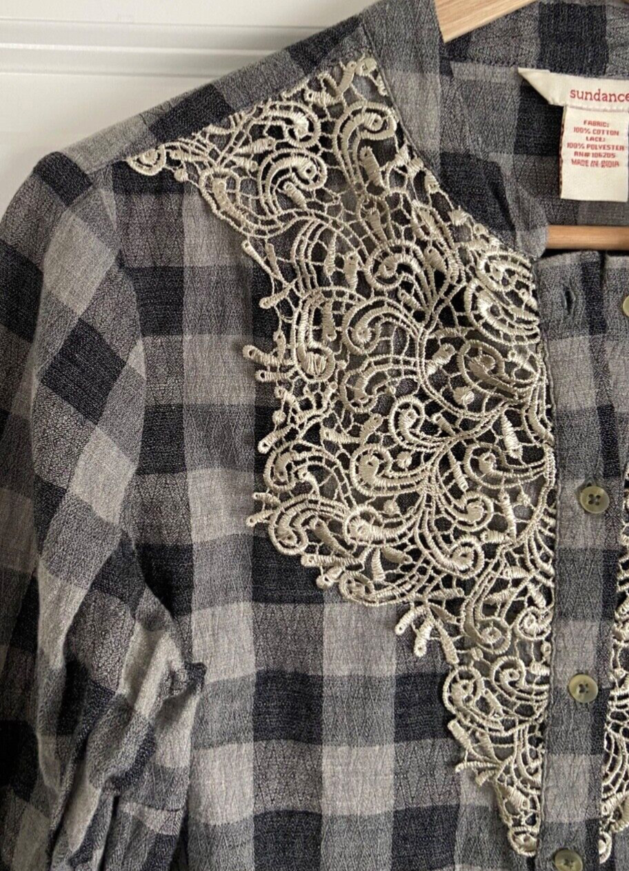 Sundance Plaid Lace Shirt S Gray Check Button Up Western Cowgirl Redford Cassidy