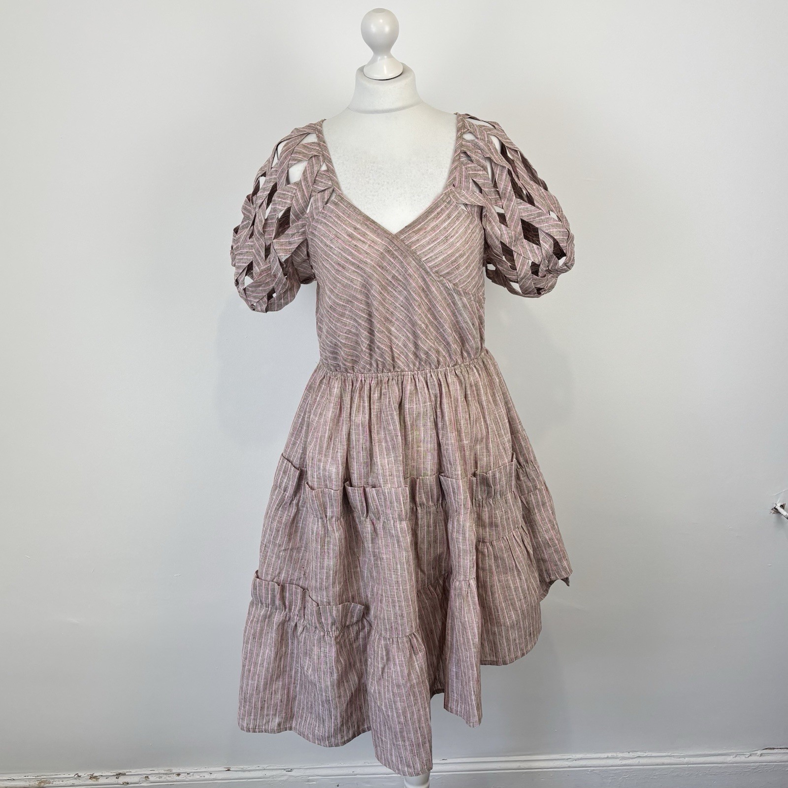Doreen Mashika Linen Summer Dress Brown Pink Striped Lattice Hi Low 12 Womens