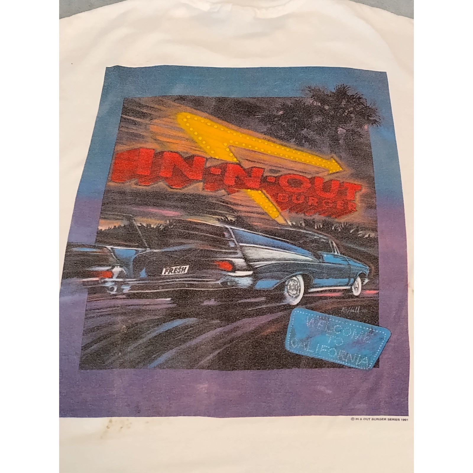 1991 In-N-Out Burger Classic Car T-Shirt Mens Large White Single Stitch