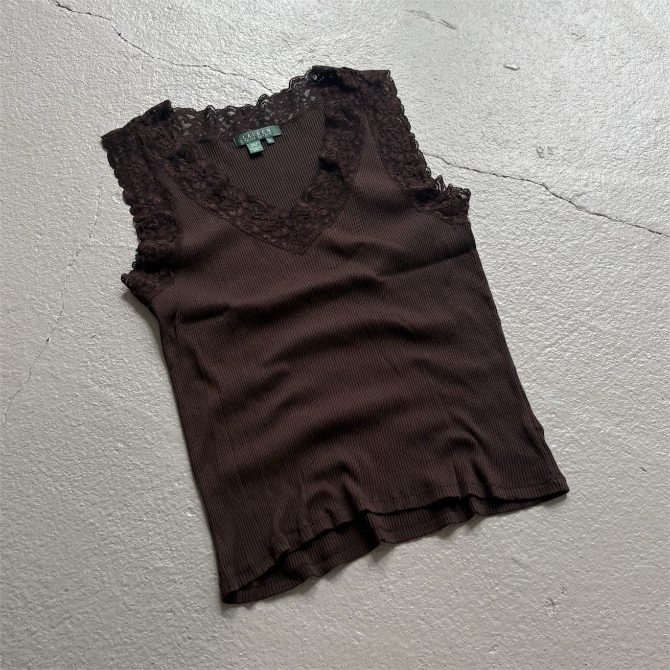 Lauren Ralph Lauren Brown Cotton Rib Knit Lace Trim V-Neck Tank Top – XL