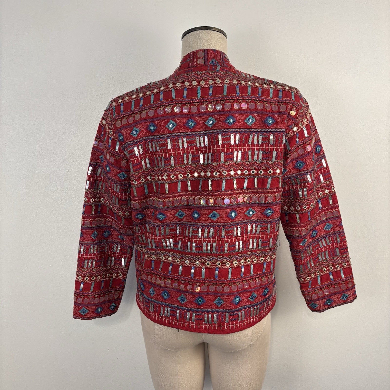 Chico’s Womens Small Jacket Open Front Embroidered & Sequin Accents Art to Wear