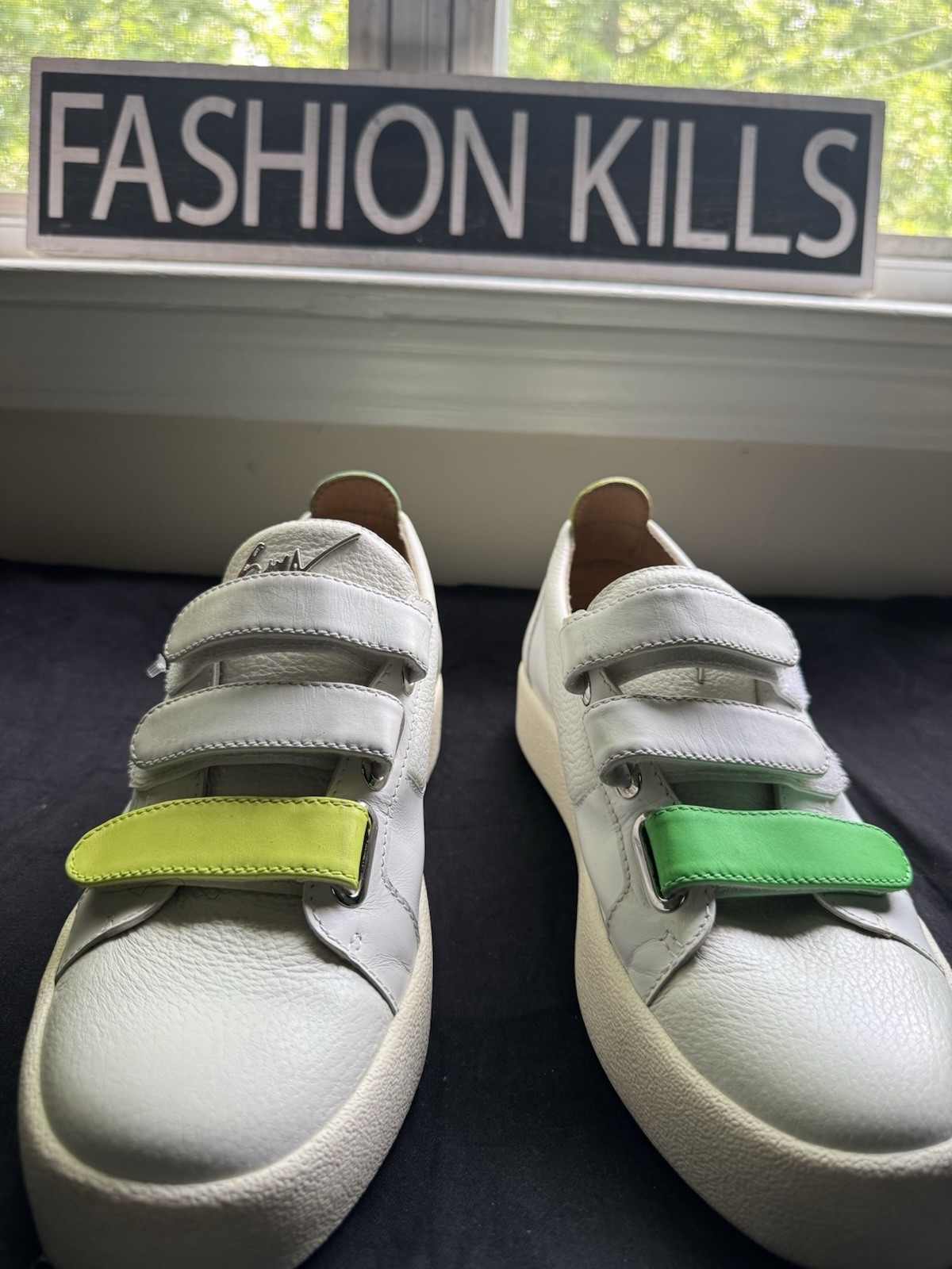 Giuseppe Zanotti Men’s Low Top Hook & Loop Leather Sneakers, White/Green/Yellow