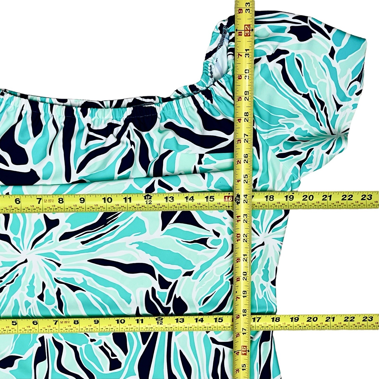 Britt Dress Resort Made USA Teal Abstract Print Pullover Shoulders Off Soft L