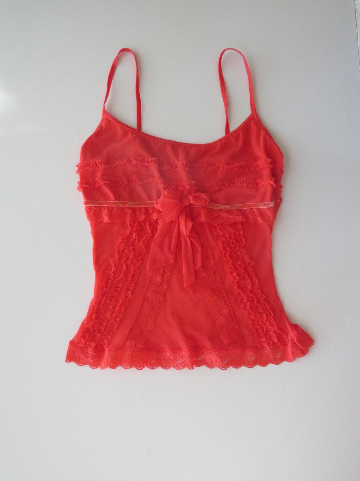Vintage Italian 2000s Women’s Red Mesh Ruffle Camisole with Scalloped Lace Hem