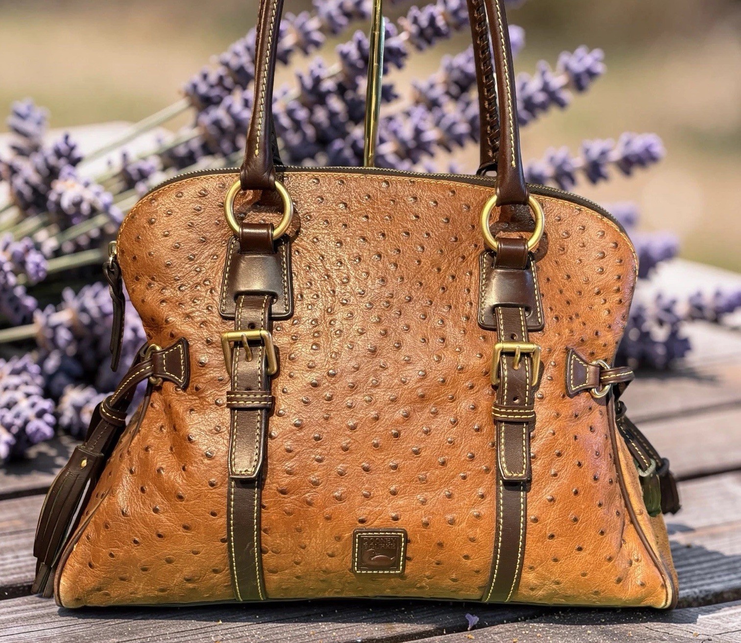 Dooney Bourke Chestnut Cognac Brown Ostrich Embossed Leather Large Satchel Bag
