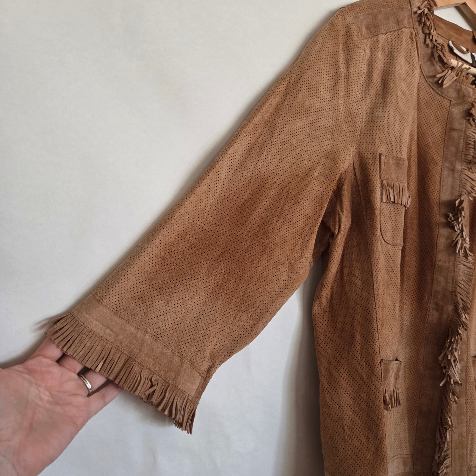 Chico’s Distressed Fringe Leather Shacket Shirt Jacket 3/4 Sleeve Sz 3 or XL