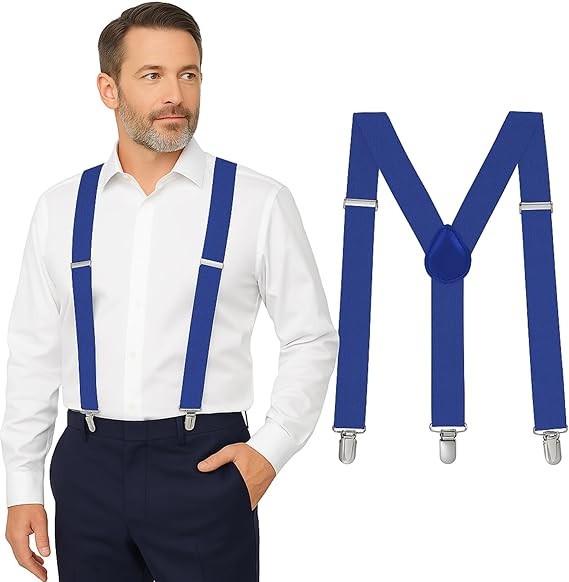 Men’s Heavy Duty Suspenders Adjustable 1″ Y-Back Strong Metal Clips Blue
