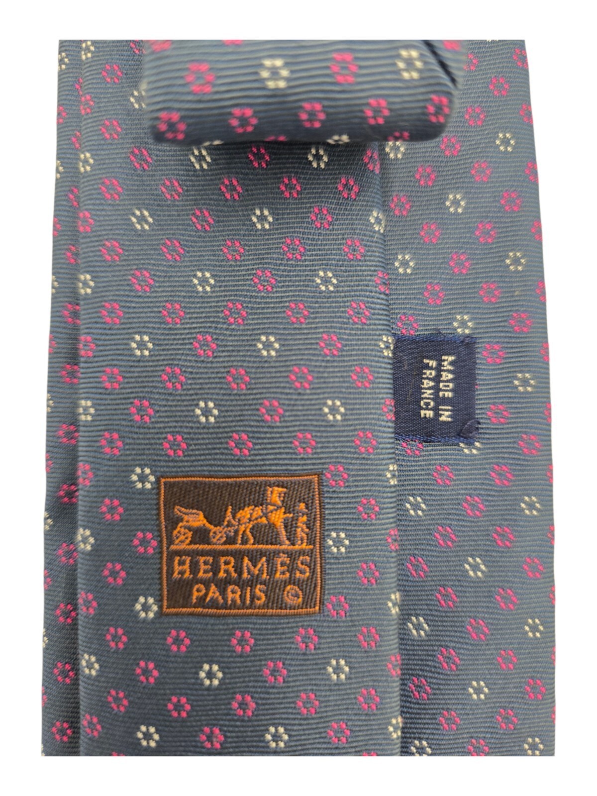 ✨ HERMES Navy Blue Silk Tie | Pink White Geometric Micro Flower Pin Dot Print