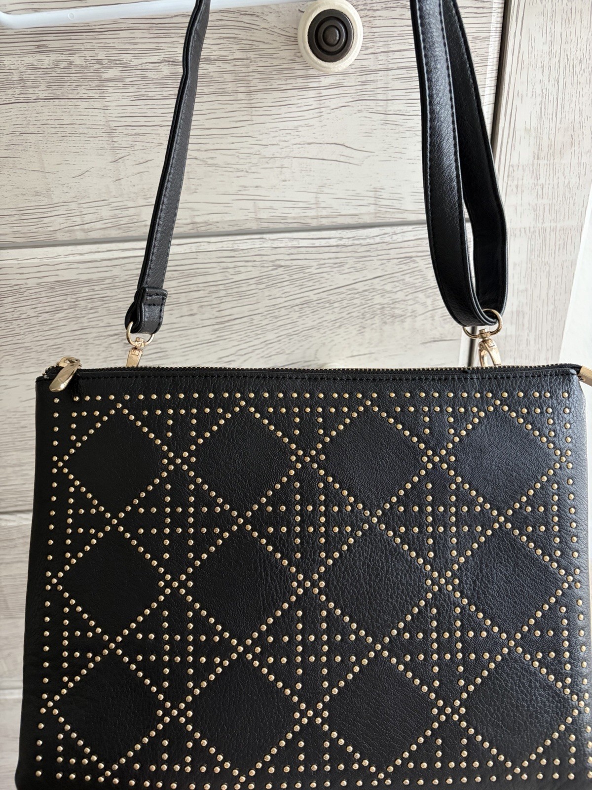 Sondra Roberts Black Studded Diamond Pattern Shoulder Bag Gold Hardware