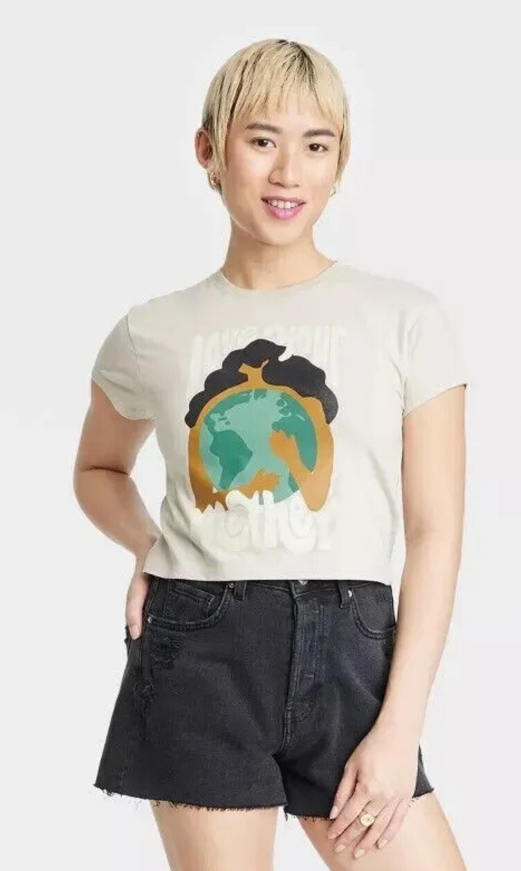 Women’s Love Your Mother Earth Day Short Sleeve Cropped T Shirt Beige Size XXL