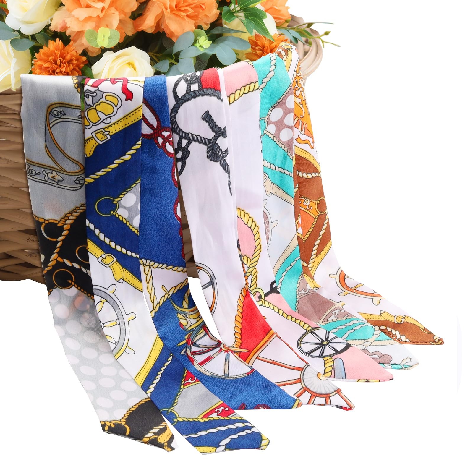 7PCS Women Head Neckerchief Purse Scar, Band Narrow Scarf Ribbon Satin Scarfs…