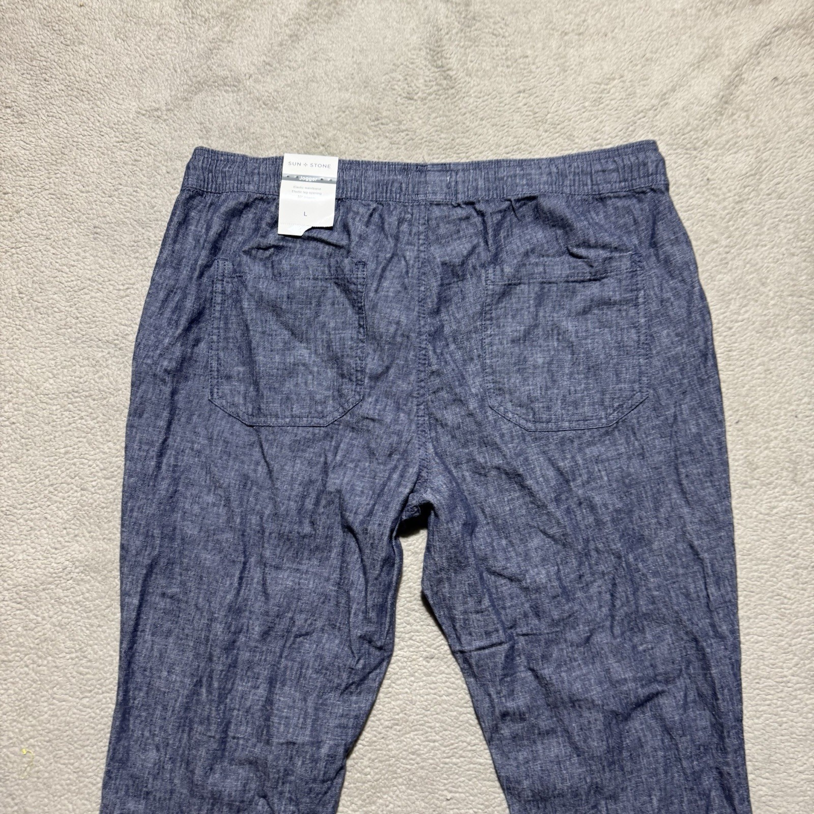 Sun + Stone Pants Mens Large Linen Joggers Basic Navy Stretch Drawstring 34×26.5