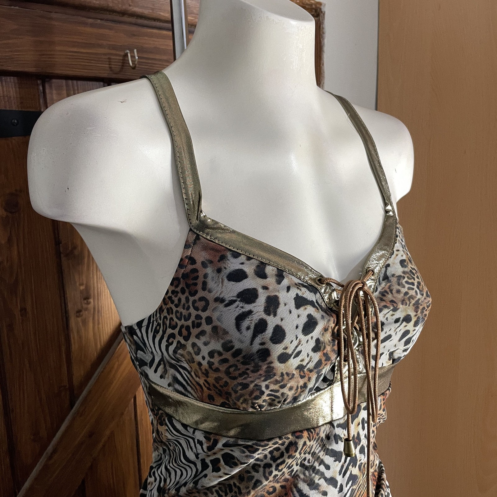 Romwe Y2K Brown Leopard Print Gold Corset Bust Short Cami Top UK 10